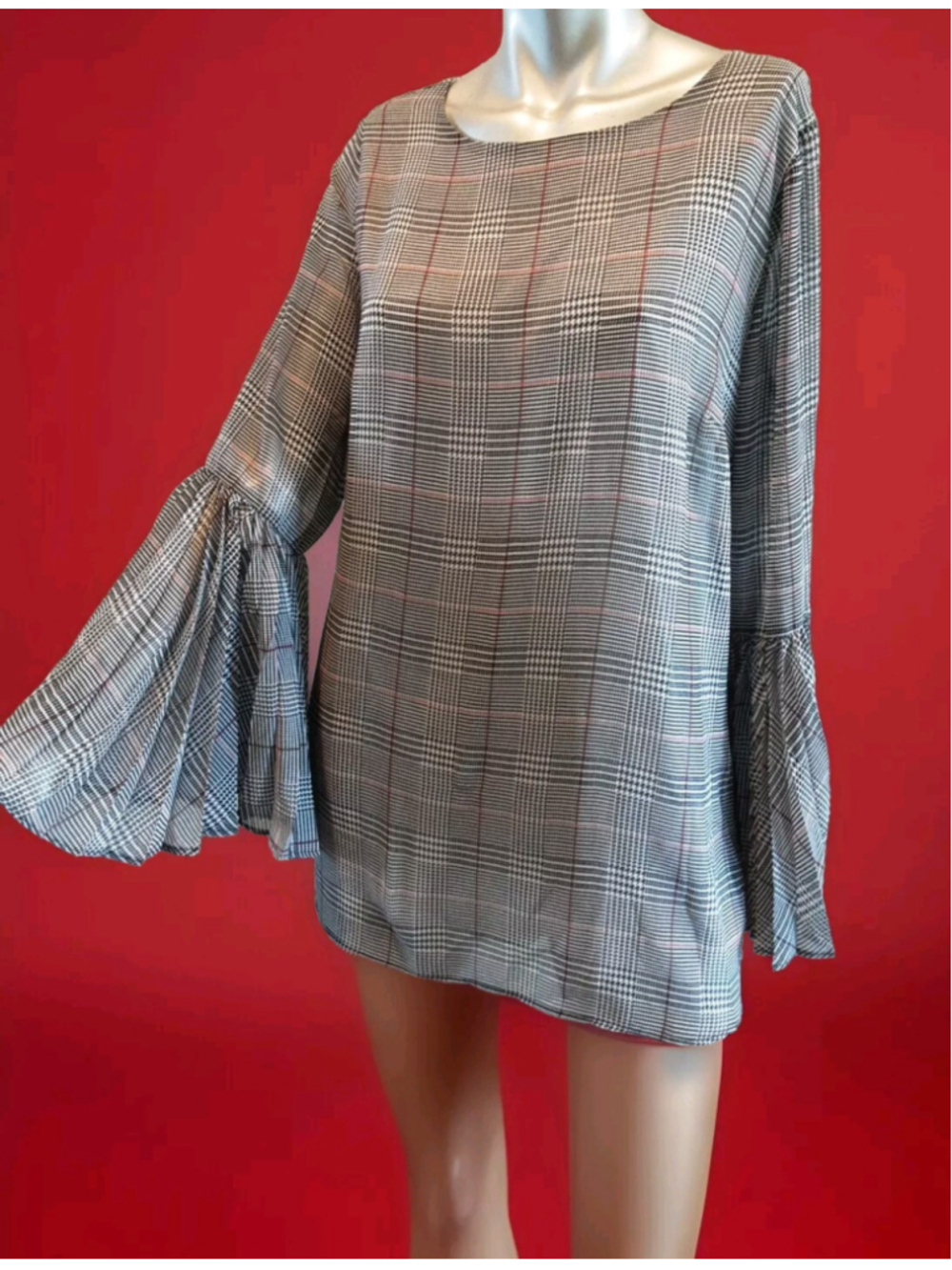 NYGARD-Overlay Tunic Black White Plaid With Red Pleated Bell Sleeves Hi Lo Sz M